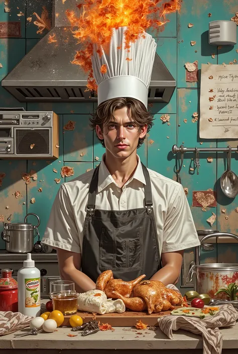 A handsomen, 19 years wearing a crazy cook hat stands in the kitchen. surreal collage, a contemporary artistic collage, collage artwork, New Album Jacket, great job!! , digital collage, (collage), collage art, contemporary collage, mixed media collage, sur...