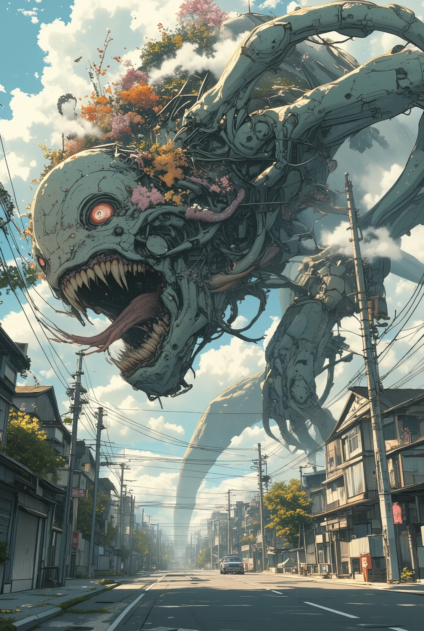 photo-realistic cinematic shot of an enormous surreal bio-mechanical creature rampaging through a quiet Japanese suburban neighborhood, the monster has hundreds of human arms, malformed faces, writhing tentacles, and embedded mechanical parts, with flowers...