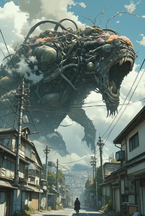 photo-realistic cinematic shot of an enormous surreal bio-mechanical creature rampaging through a quiet Japanese suburban neighborhood, the monster has hundreds of human arms, malformed faces, writhing tentacles, and embedded mechanical parts, with flowers...