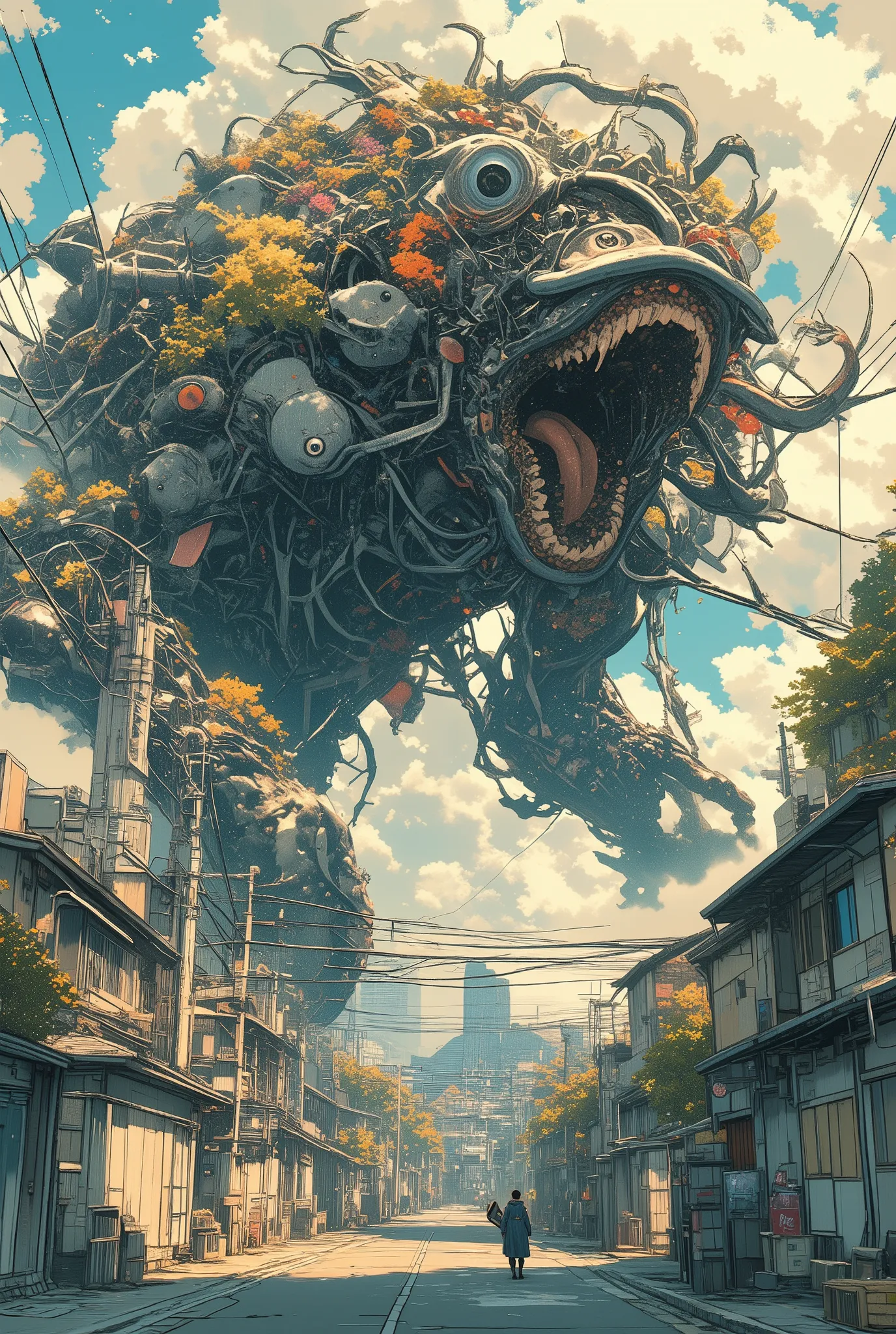 photo-realistic cinematic shot of an enormous surreal bio-mechanical creature rampaging through a quiet Japanese suburban neighborhood, the monster has hundreds of human arms, malformed faces, writhing tentacles, and embedded mechanical parts, with flowers...