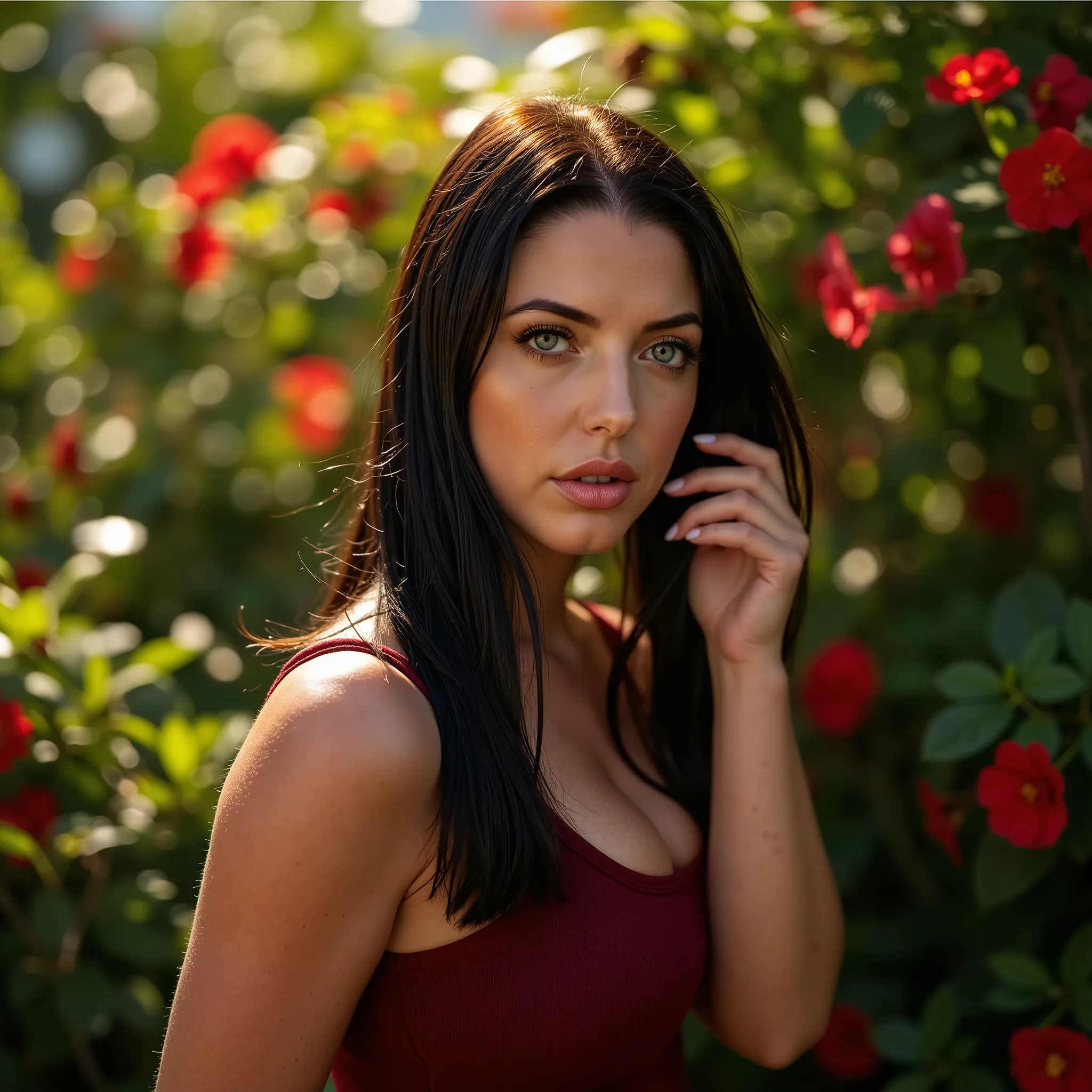  "Cinematic film still in the visual style of Pedro Almodóvar, close-up from the waist up of a striking woman standing in a lush, vibrant garden with dense green foliage and richly colored flowers. She has long, straight black hair, fair skin, and intensel...