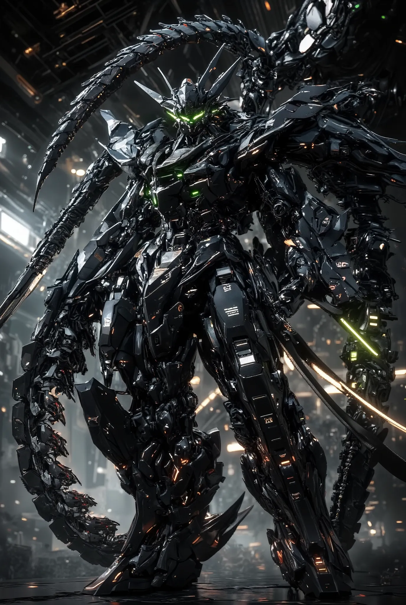 Gundam death size 、 Fusion of machines and demons Unvolume、 hyperrealism art BJ _ Japanese Anime 、 Mobile Suit Gundam , alone , green_eye , holding , weapons , holding_ , gun , no _human , Shine , robot ,Mecha , flying , science_ fiction , Cinematic Light...