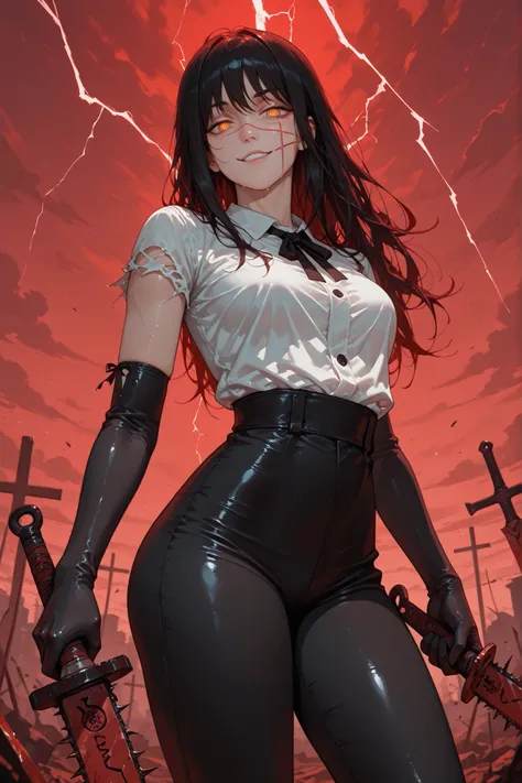 1girl, yoru (chainsaw man), scar on cheek, cross scar, long hair, black hair, yellow/red eyes, ringed eyes, seductive look, ironic smile, sweat, looking at viewer, white shirt, torn sleeves, elbow-length gloves, black gloves, tight black pants, holding a s...