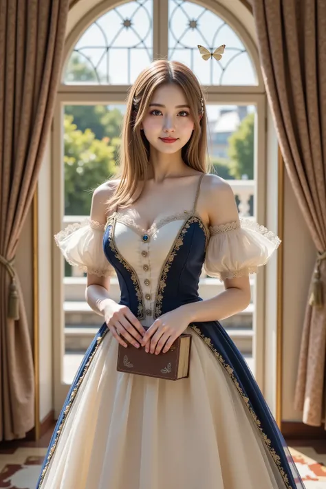 smile, hair styled in aplatinum blonde, gold hair,A photorealistic digital painting of a slender young woman with smooth fair skin and voluptuous firm breasts emphasized by a wide deep cleavage, each hair strand rendered with lifelike detail and subtle str...