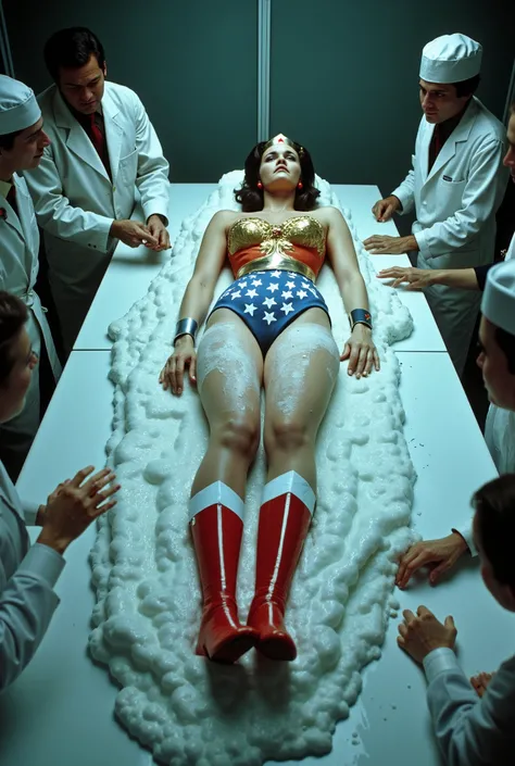 ((wonder woman,lynda carter)), ((Wonder Woman TV show 1975 atmosphere)) ((Wonder Woman's body was frozen in plaster)) Lying on the dissection table, surrounded by dissection specialists