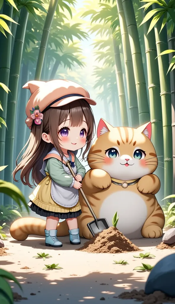 ultra detailed Animation, dramatic scene, shadow, perfect anatomy, accurate limb proportions, chibi girl\( Japanese famous young idol chibi girl, chibi, very beautiful with very cute face, large breasts, slim waist, wearing a casual outdoor wear with pastel colored nylon jacket, outdoor boots, hair accessories\), cat\( cute tabby cat, cute face, extremely detailed fur, intricated pattern\), bamboo forest in spring, anime chibi girl wearing a cute hat and apron, holding a small shovel, her giant cat playfully digging with its big paw, freshly unearthed bamboo shoots nearby, soft sunlight filtering through the bamboo, vibrant green hues, calm and cheerful atmosphere, traditional Japanese elements, springtime vibes