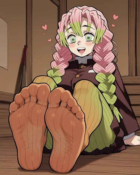 sketch, vintage, old style, Mitsuri ( Demon slayer) pink hair, big huge bobbies, open mouth, hearts around, sole of the foot, misturi clothes, brown room, close up 