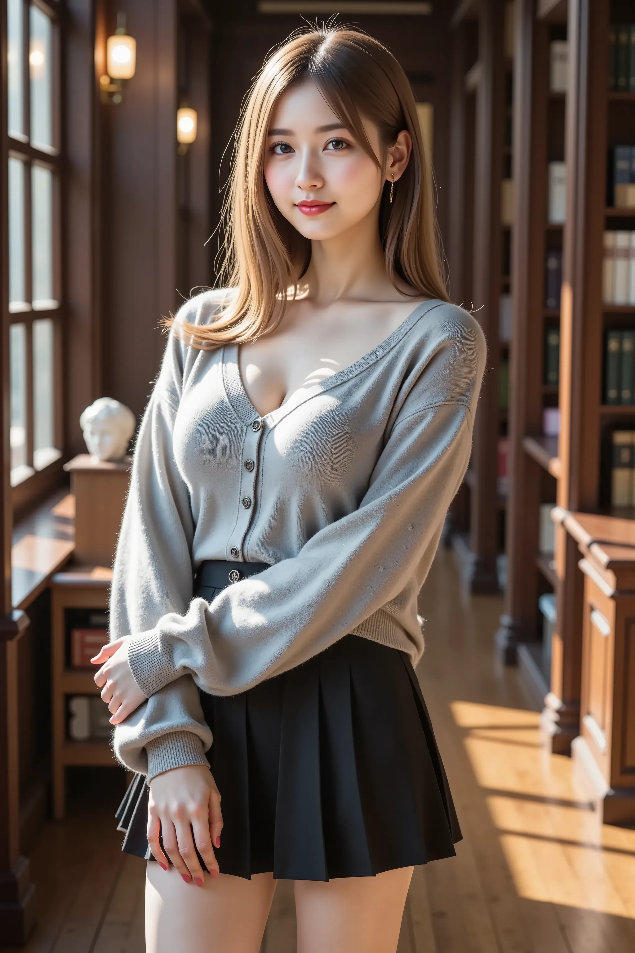 smile, hair styled in aplatinum blonde, gold hair,A photorealistic digital portrait of a slender young woman with smooth fair skin and voluptuous firm breasts emphasized by a wide deep cleavage, each hair strand rendered with lifelike detail and soft stray...