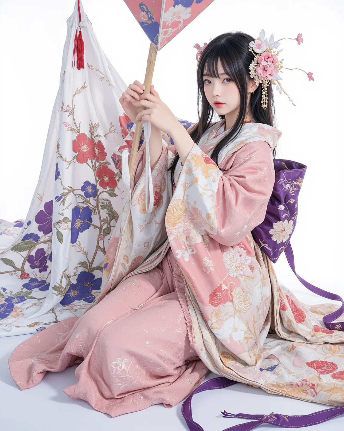 kimono girl, beautiful young woman in japanese traditional kimono dress, elegant pose, detailed facial features, delicate expression, long black hair, holding flower kite, anime style, full body, white background, 4K, detailed, professional painting, masterpiece, ultra-realistic, HDR,vibrant colors,dramatic lighting,cinematic.