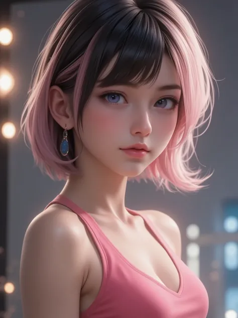 best quality, masterpiece, High resolution, portrait, actual, blue eyes, black pink short hair, tank top, cleavage, 8K resolution, high quality CG, Beautiful CG, Soft Light, fashion brand image, Fashionable and casual, The Tyndall effect, lifelike, studio,...