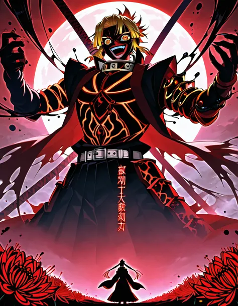 masterpiece, 8K ultra-detailed, Kimetsu no Yaiba, a cursed umbrella sealing Zenitsu and Muzan’s hellish resonance, canopy split with jagged black thunderbolts glowing vividly and blood-red mist blooming into a cursed flower. Frame carved with Upper Moon Th...