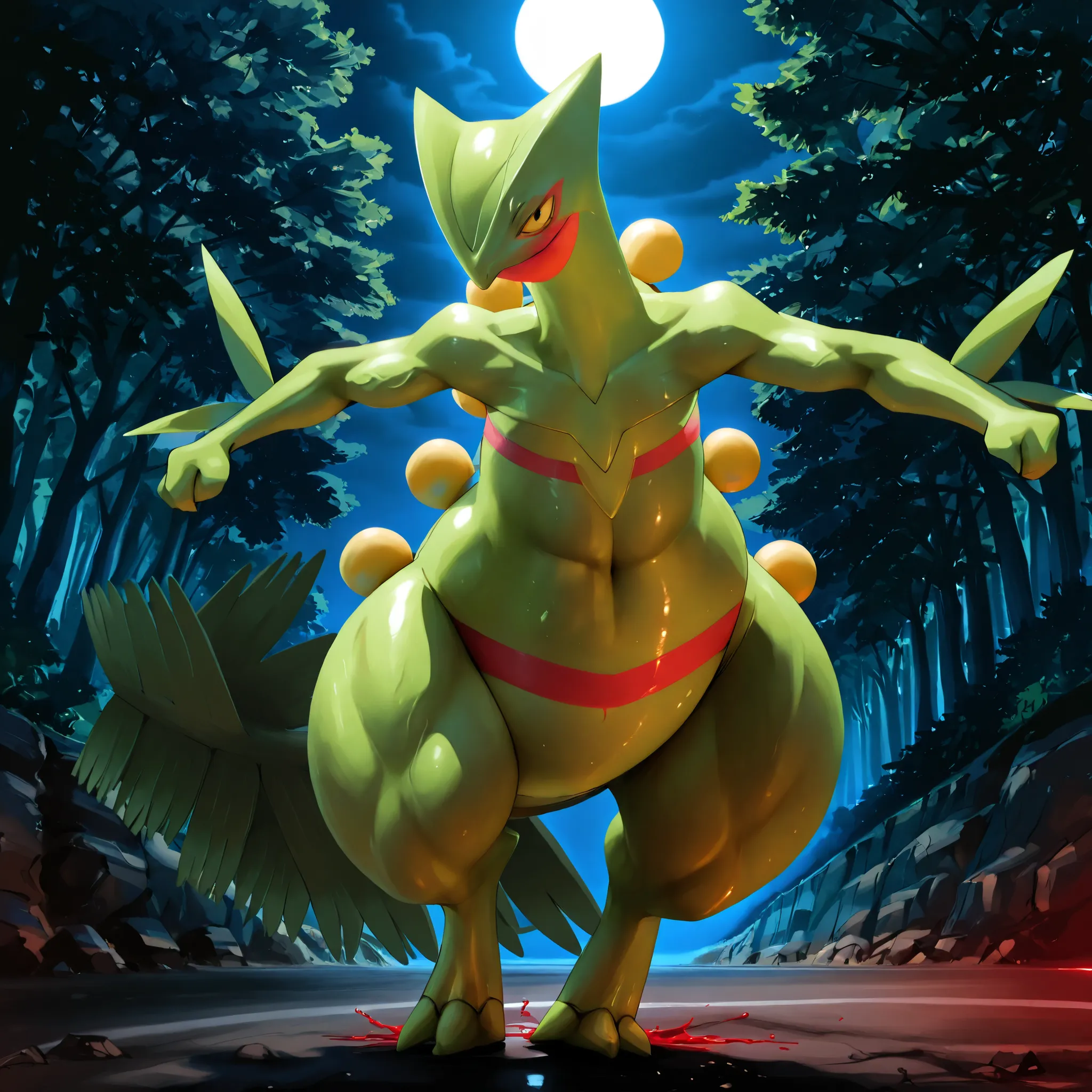 solo, full body, running, strike, BREAK  Sceptile(Pokémon), Pokémon(creature), BREAK big eyes, slant eyes, black eyes, looking at viewer, BREAK (Toned body), Huge and strong body of overwhelming muscularity, Hyper Giant muscles, Very thick arms that swell ...