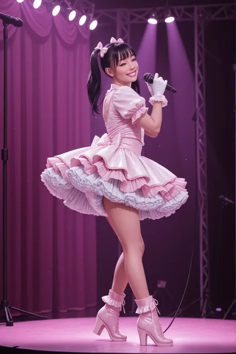 masterpiece,best quality,amazing quality, absurdres, realistic, indoors, stage, strobe lights, solo, from side, japanese pop idol, petite, black hair, pigtails, hairbow, perfect face, narrowed eyes, grin, lipstick, frilly idol outfit, microdress, puffy sho...