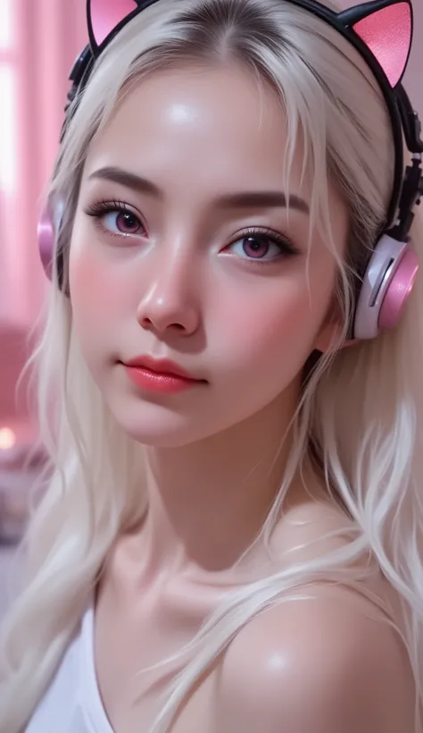 1 girl, sexy 18 year old girl , girl with long white hair, pink eyes, futuristic vibes, cat headphones, 8k, high quality, simple background, glowing eyes, nice pose , pigtails, beautiful face, gorgeous, beautiful, beautiful, beautiful face, pale skin, part...