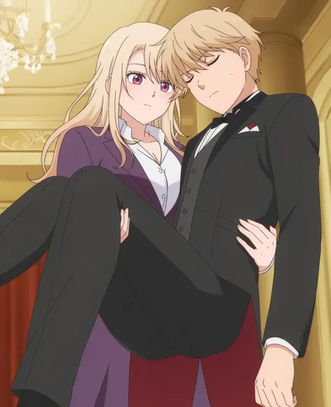 score_9,score_8_up,score_7_up,source anime,anime screencap,anime coloring,masterpiece,best quality,,1girl, kawaimona, blonde hair, long hair, purple eyes, anime coloring, tuxedo tailcoat, butler, pants ,, woman in a formal suit,princess carry,1boy, unconsc...