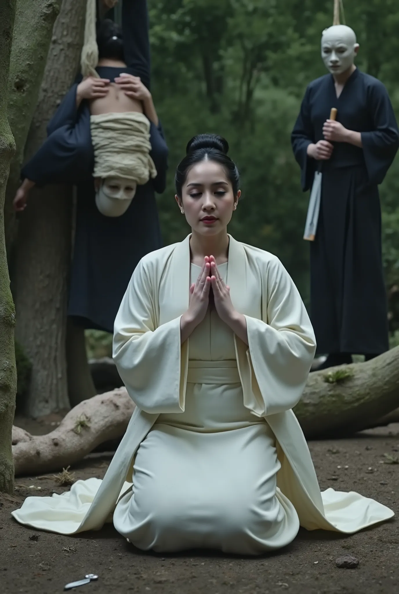 Very beautiful woman, woman luxury white kimono, woman knife, woman kneeling in prayer on the ground, two male, male body dead, male hanging from a tree with a rope around his neck, male mask ninja, male completely tied with rope
