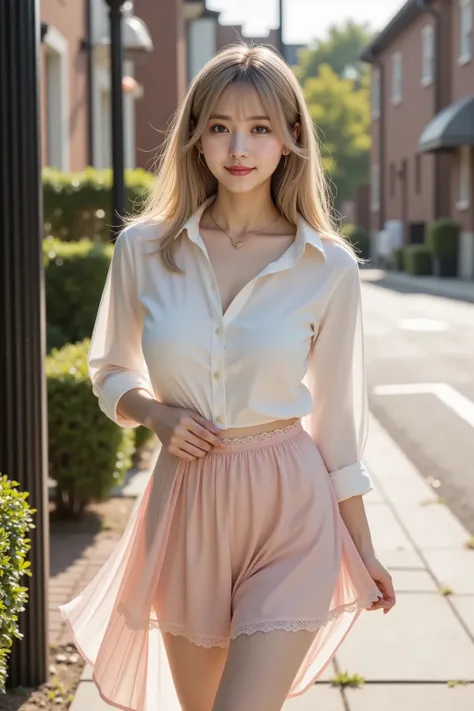 smile, hair styled in aplatinum blonde, gold hair,A photorealistic digital painting of a slender young woman with fair smooth skin and voluptuous firm breasts emphasized by a wide deep cleavage, each hair strand rendered with lifelike detail and soft stray...