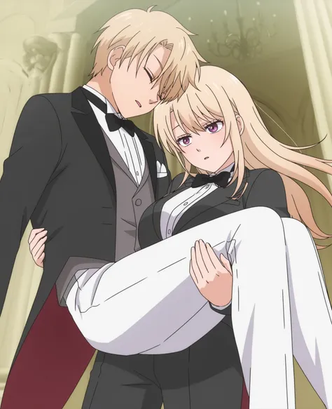 score_9,score_8_up,score_7_up,source anime,anime screencap,anime coloring,masterpiece,best quality,,1girl, kawaimona, blonde hair, long hair, purple eyes, anime coloring, tuxedo tailcoat, butler, pants ,, woman in a formal suit,princess carry,1boy, unconsc...