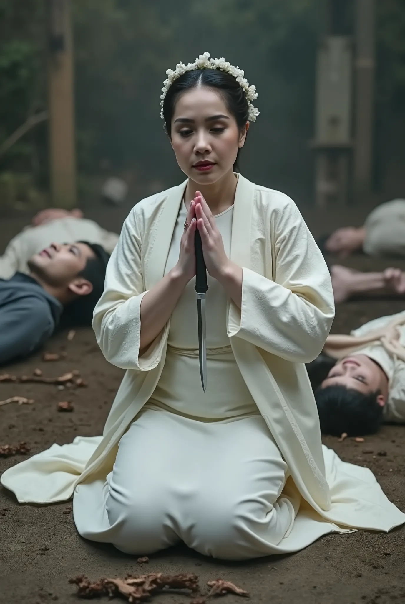 Very beautiful woman, woman luxury white kimono, woman knife, woman kneeling in prayer on the ground, two male, male body dead, male dead everywhere