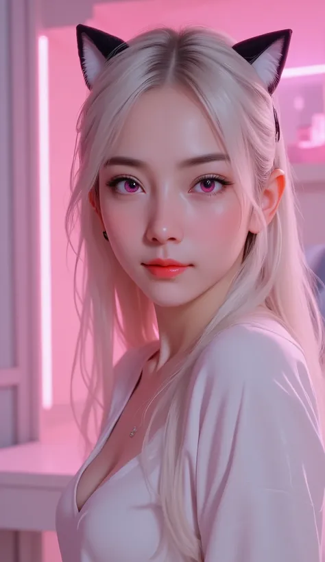 1 girl, sexy 18 year old girl , girl with long white hair, pink eyes, futuristic vibes, cat headphones, 8k, high quality, simple background, glowing eyes, nice pose , pigtails, beautiful face, gorgeous, beautiful, beautiful, beautiful face, pale skin, part...