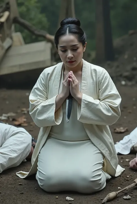 Very beautiful woman, woman luxury white kimono, woman knife, woman kneeling in prayer on the ground, two male, male body dead, male dead everywhere