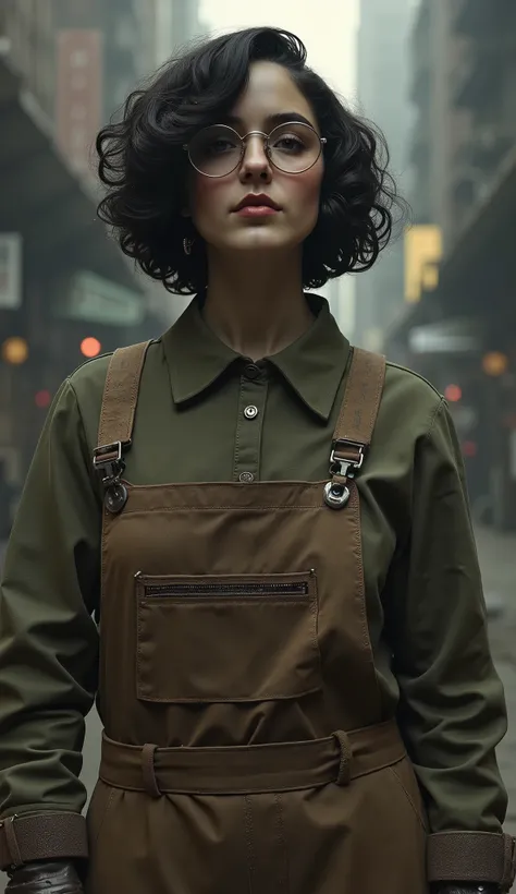 beautiful detailed photograph, giant girl, final boss, mpale skin, black brown short curly perm hair, a lock of curly hair partially covers her right eye, wearing an olive brown mechanical overall very dirty, standing in a dark 19 century city, giant girl ...