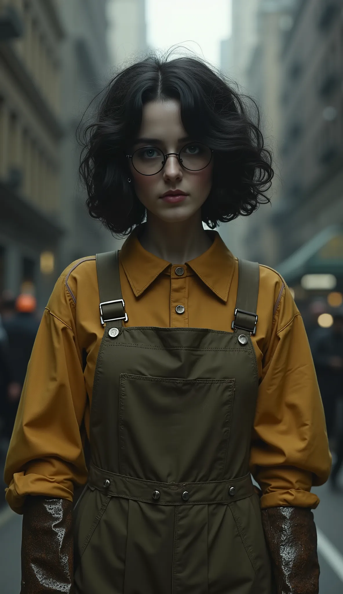 beautiful detailed photograph, giant girl, final boss, mpale skin, black brown short curly perm hair, a lock of curly hair partially covers her right eye, wearing an olive brown mechanical overall very dirty, standing in a dark 19 century city, giant girl ...