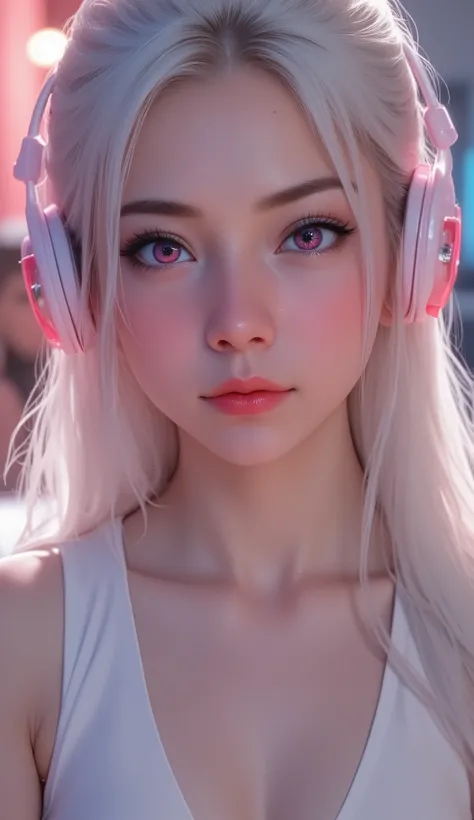 1 girl, sexy 18 year old girl , girl with long white hair, pink eyes, futuristic vibes, cat headphones, 8k, high quality, simple background, glowing eyes, nice pose , pigtails, beautiful face, gorgeous, beautiful, beautiful, beautiful face, pale skin, part...