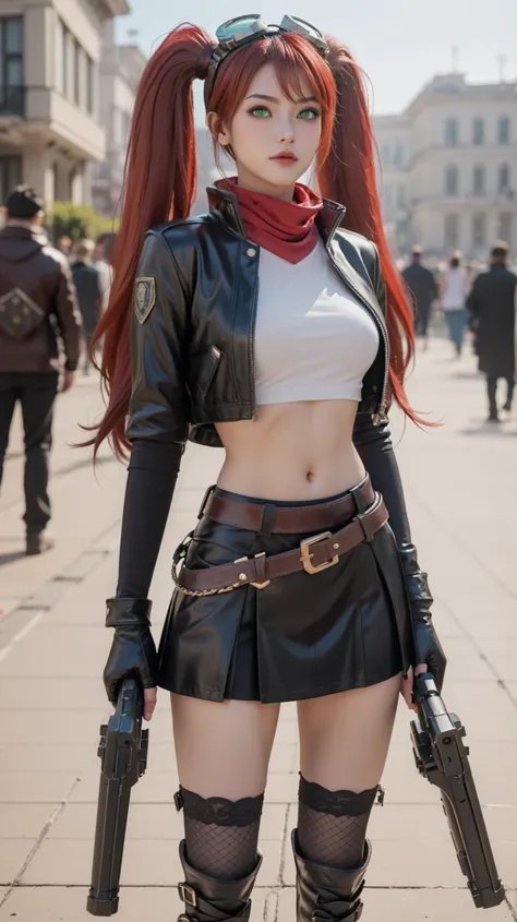 1girl, laylablazing, very long hair, red hair, twintails, bangs, green eyes, mascara, goggles on head, leather jacket, cropped jacket, midriff, navel, black skirt, red scarf, belt, bullet, bandolier, gloves, fishnet thighhighs, boots, big canon gun