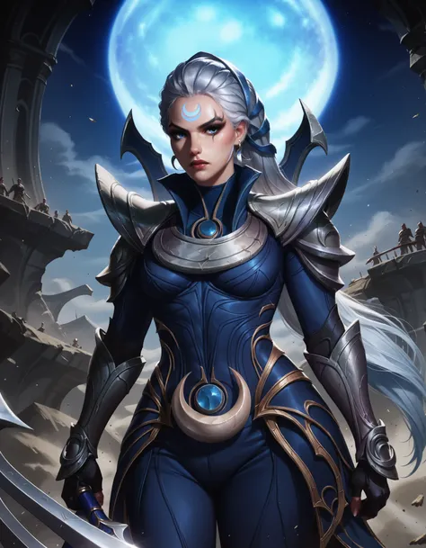 Diana from League of Legends, standing in a moonlit battlefield, long silver hair flowing, piercing pale blue eyes, wearing dark armor with silver crescent moon motifs, holding her large, (curved crescent) blade aloft, dramatic backlighting from a full moo...