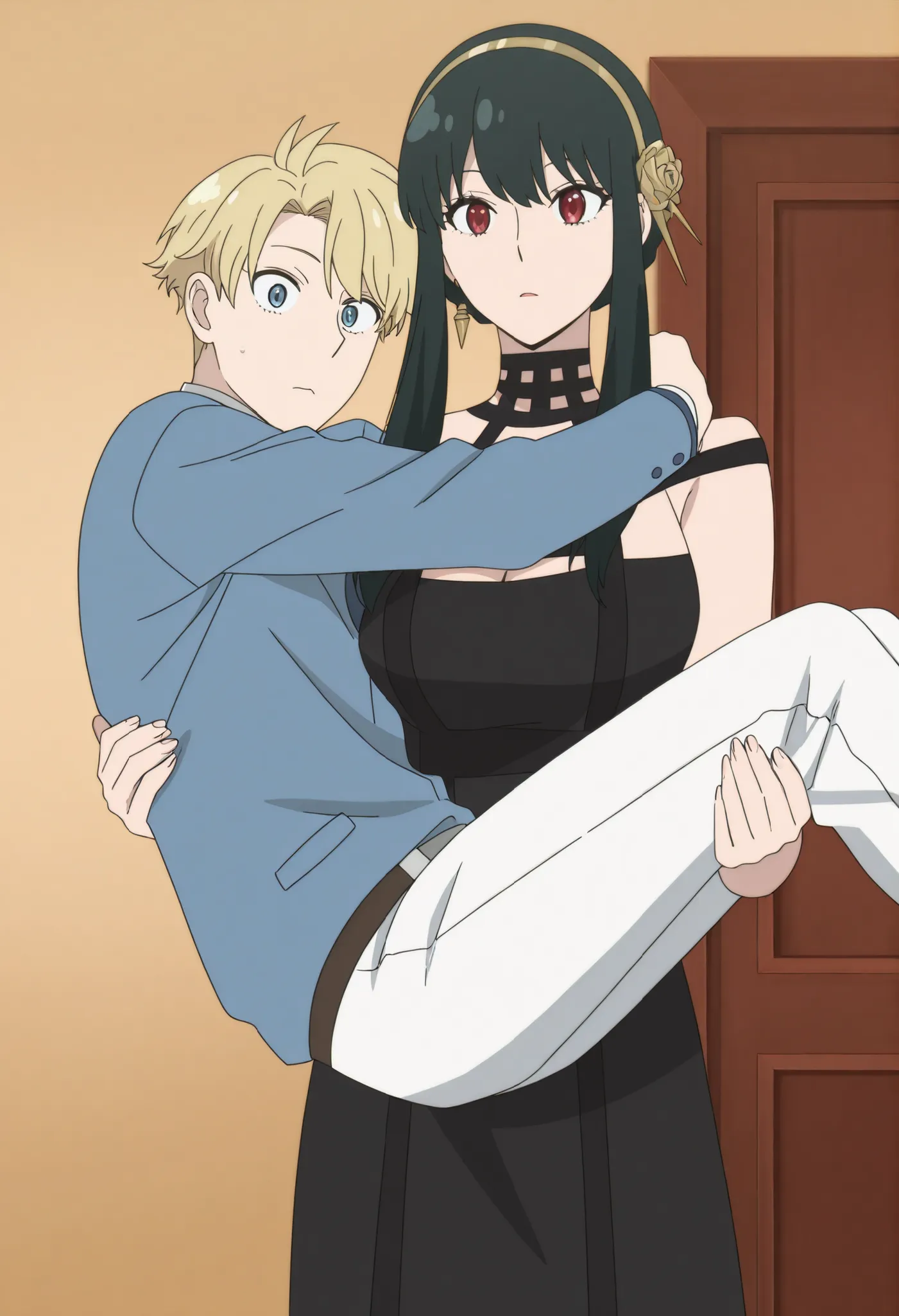 masterpiece, best quality, very detailed, , masterpiece, best quality,  eyelashes, (Beautiful Eyes), cowboy shot, anime,  Official Illustration,1girl, Yor forger, ,princess carry,1boy , loid forger, ,bridal style, female carrying male, role reversal,