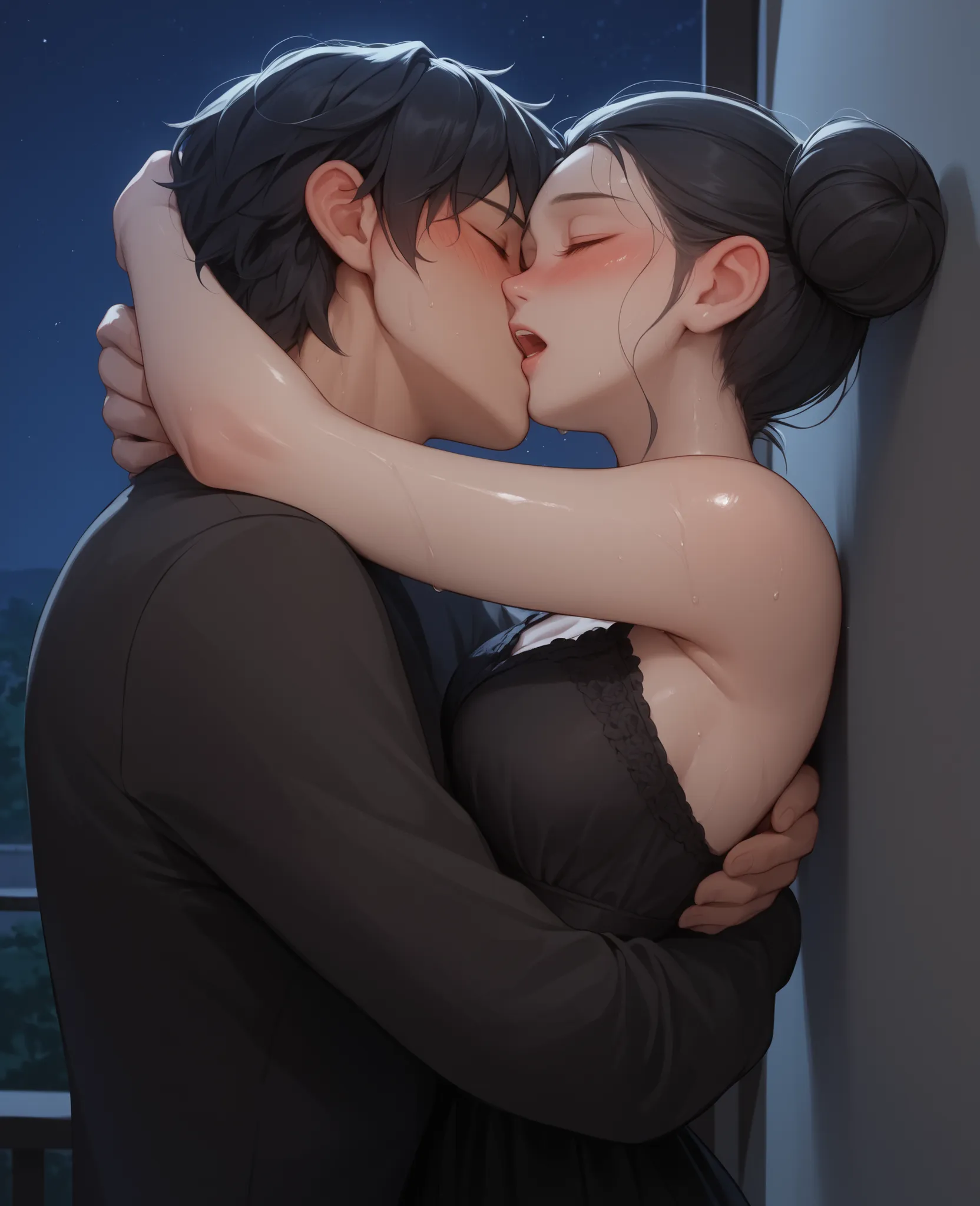score_9, score_8_up, score_7_up, 1woman, solo, hair, closed eyes, white milky porcelain skin, white-skinned female, black hair in a bun, lovely medium breasts, perfect body, black blouse, sheer dark green saree, sweat, female organism, open mouth, looking...