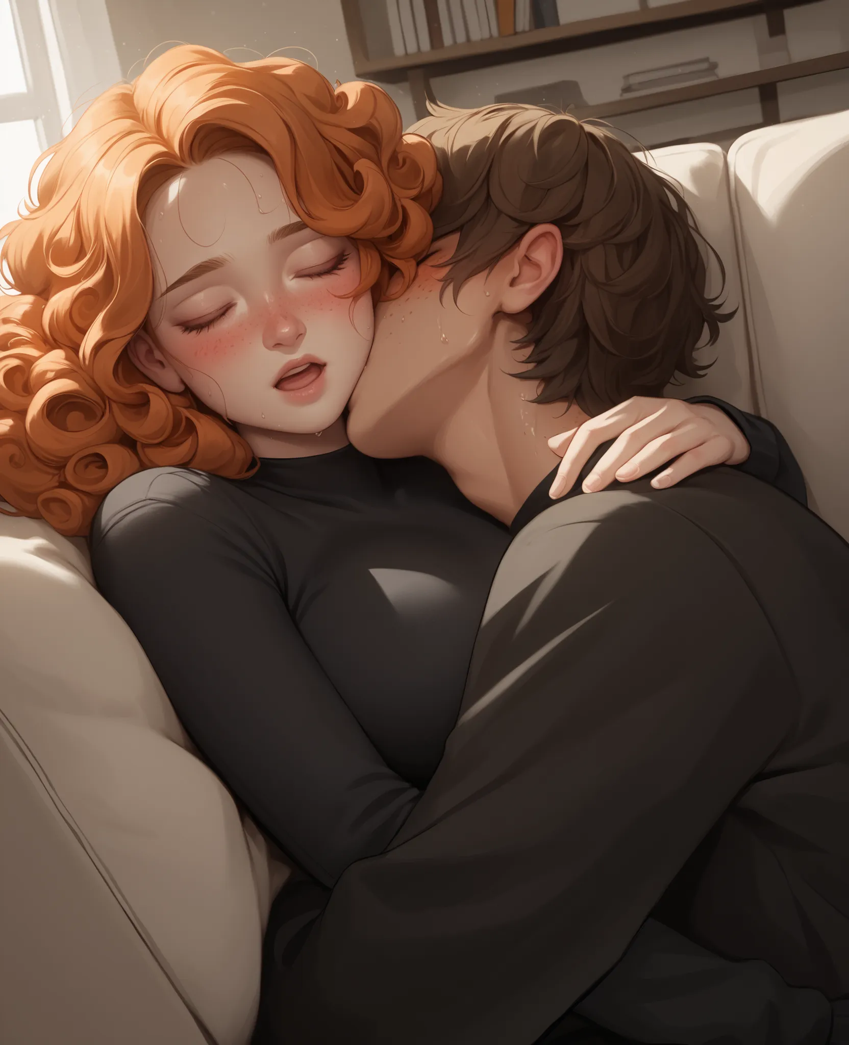 score_9, score_8_up, score_7_up, 1woman, solo, hair, closed eyes, white milky porcelain skin, white-skinned female, freckles, long curly orange hair, lovely medium breasts, perfect body, black crop top with long sleeves, black leggings, sweat, female organ...