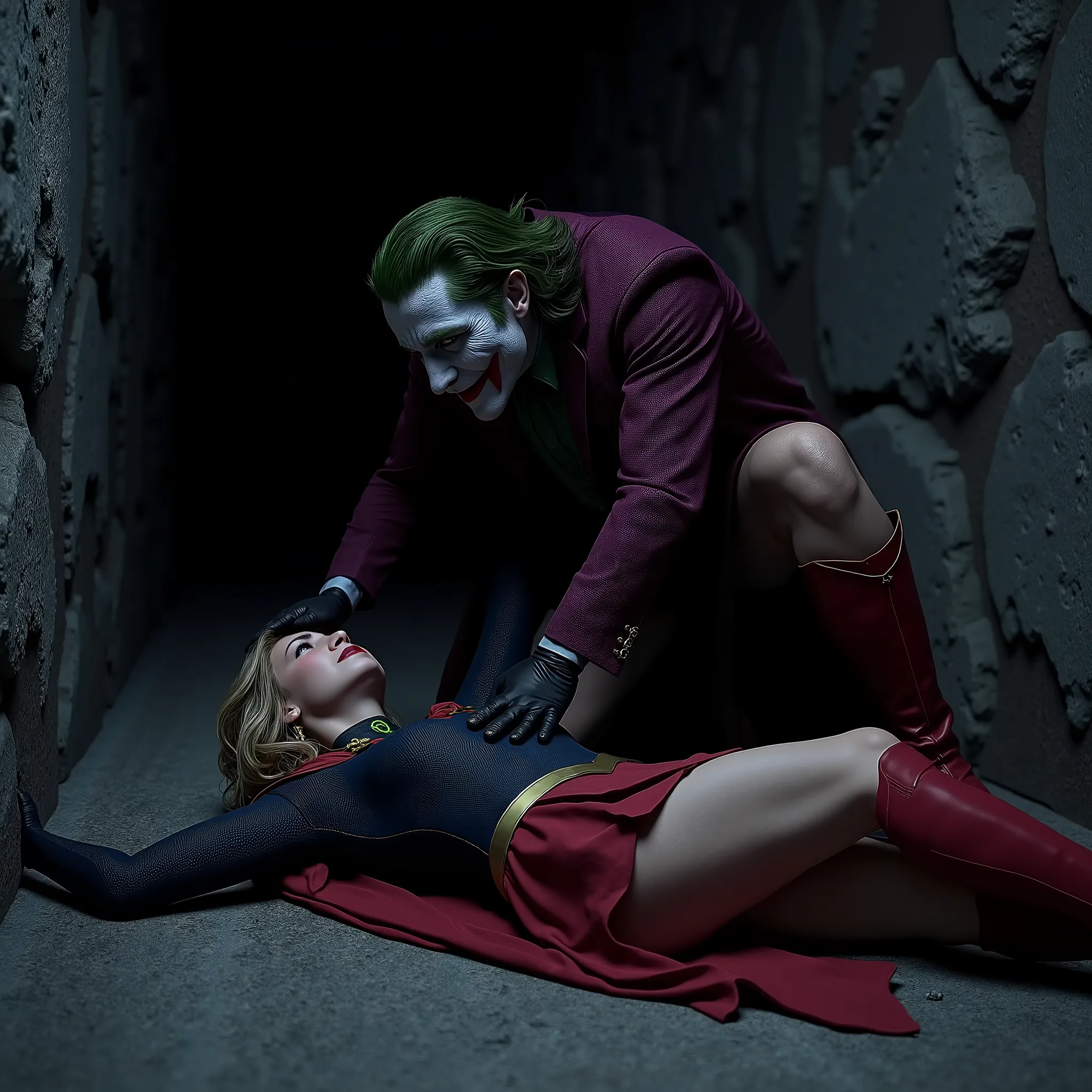 Supergirl is lying flat, can see whole body, a green lighting collar on her neck, She is wearing a thin black pantyhose, very short red skirt, flipped up skirt, red knee height long boots, blonde hair, unconsciousness, eyes close, painful face, screaming i...