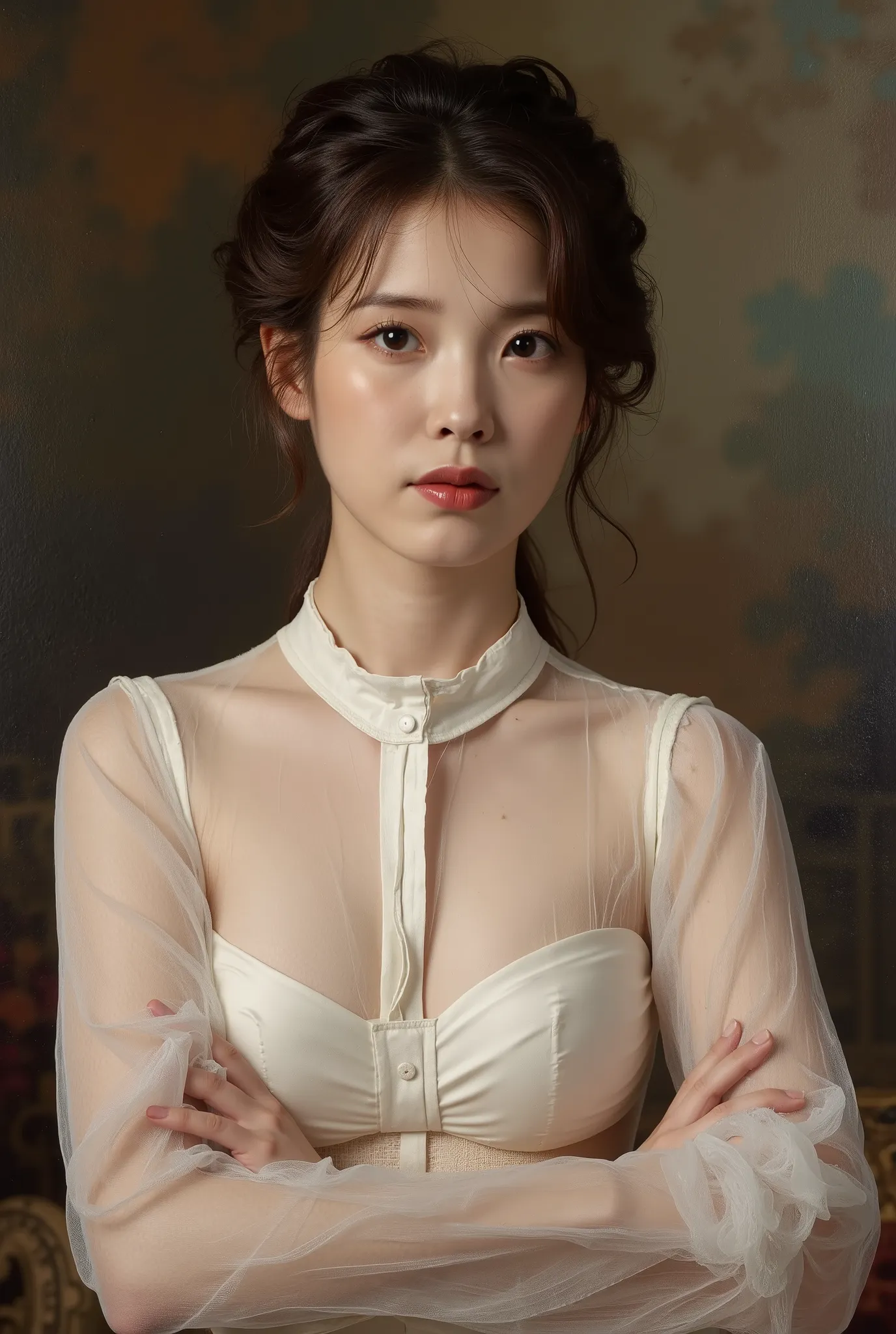 NSFW, oil painting, Victorian era, a woman wearing a transparent white blouse, natural breasts, brests are popping out, muted colors, erotic art, pinup, perfect face, sultry expression on face,
