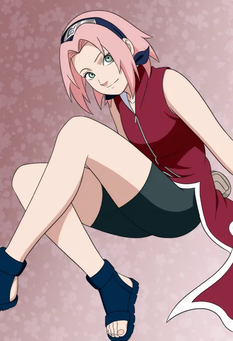 Sakura haruno, 1girl,solo, short hair, pink hair, green eyes,"Red sleeveless Chinese qipao with white trim and symbol, black shorts, black open-toe ninja sandals."  
