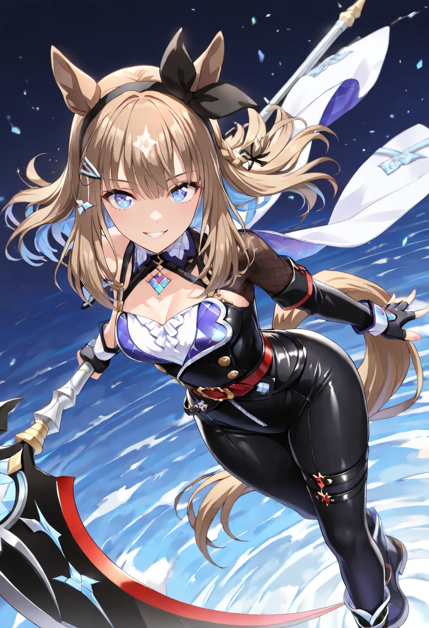 (masterpiece, best quality, perfect face:1.4), wide angle, almond eye \(umamusume\), white hair ornament, horse ears, horse tail, tail on the lower back, proportional body, proportional,1 girl, beautiful hair, beautiful face, beautiful detailed eyes, beaut...