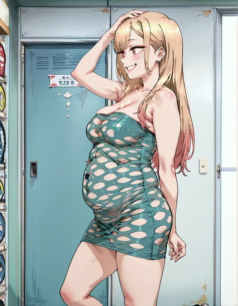 masterpiece, best quality, amazing quality, very aesthetic, high resolution, newest, score_9, score_8_up, score_7_up,source_anime,BREAK, 1girl, (Marin kitagawa, kitagawa Marin, blonde, red eyes, long hair, multicolored hair), (standing, hand on back, hand ...