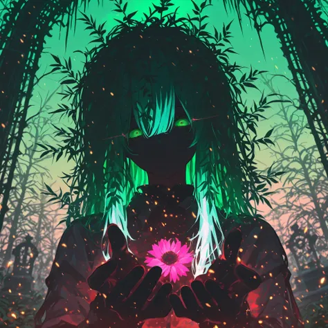 (Masterpiece, best quality), close up, 1girl, tilt angle,transparent skin,overly detailed pupils, glowing eyes, dark green eyes, white hair, stark hair, long hair, messy hair, long bangs, transparent hair, dusk, cemetery, hand outstretched, expressionless,...
