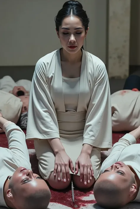 Very beautiful woman, woman luxury white kimono, woman knife, woman kneeling in prayer on the ground, two male, male body dead, male dead everywhere, male covered in blood