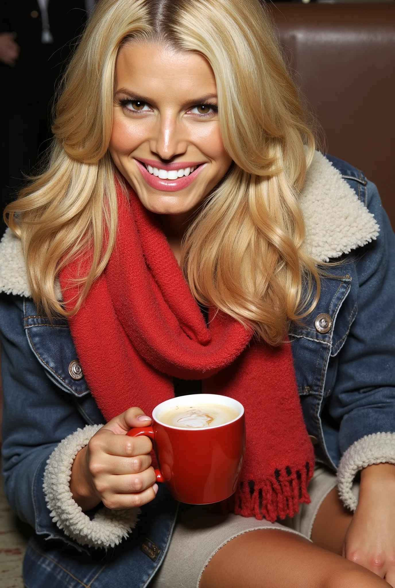 Blonde woman with lights , tanned skin, extrovertida, sitting in cold clothes having a coffee at Le Gros Horloge Rouen,  France 