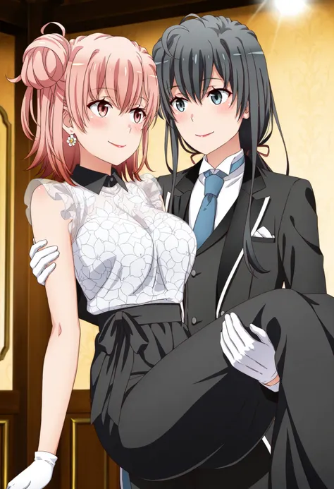 [princess carry:1.8](masterpiece, best quality, official style),ultra detailed,(newest),8k,texture,very aesthetic,(sharp focus),smooth,(unreal engine),realistic skin,anime face,cute round face,detailed eyes, BREAK smile,,,,in front,,,1girl, , standing yuki...