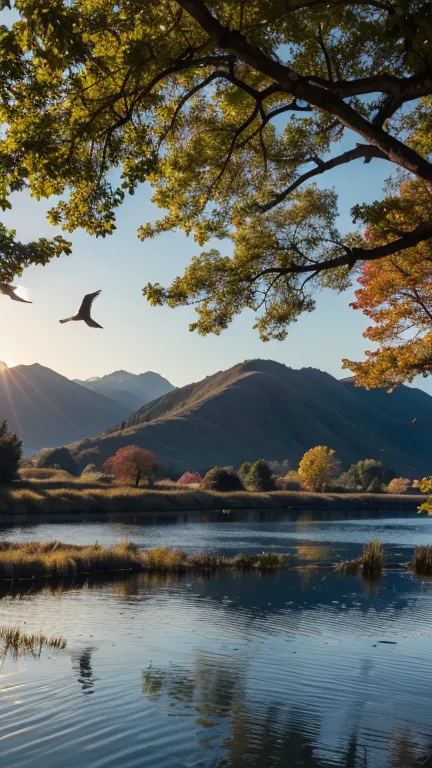  HD images，The sun disappeared along with lonely geese in the distance, The brilliance of the sun flies with the giant geese in the lake、 The river in autumn is connected to the vast sky , 