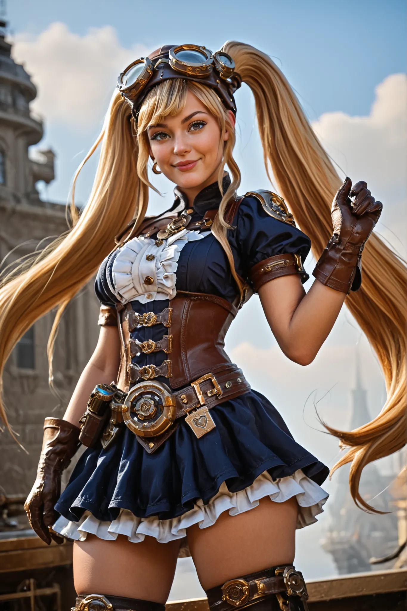 Realistic cute, A steampunk style girl, with extremely long long blond hair divided into two ponytails, her hair goes up to the height of her ass, wearing brown aviator helmet with gold glasses, black and white military uniform style dress and, brown shoul...