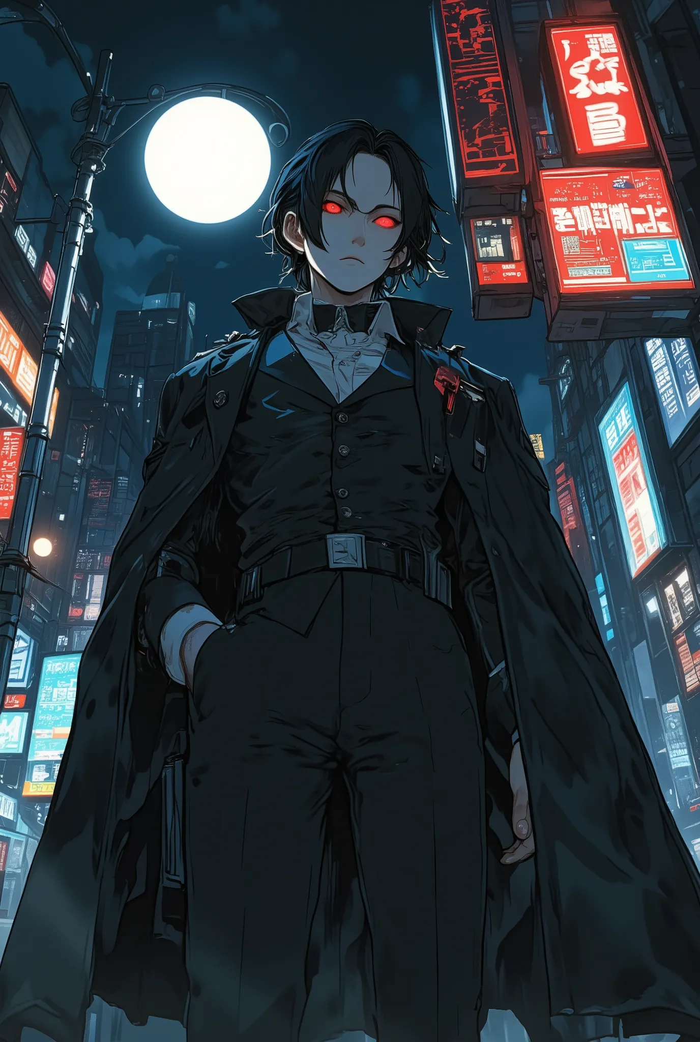portrait of a regal modern-day vampire standing under a city streetlight at night, wearing a sharp black tailored suit with a long flowing coat, pale flawless skin, crimson glowing eyes, slick black hair, his expression is composed and dominant, slight fan...