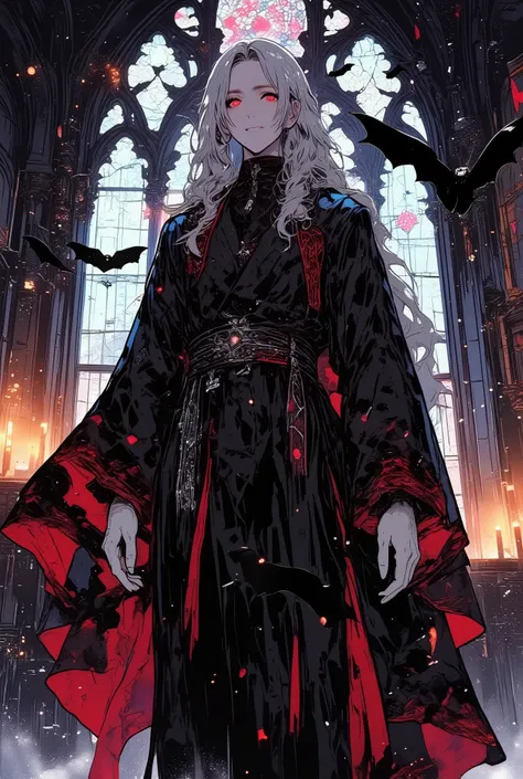 with dark silver hair、a mature and elegant male vampire, Distinct facial features, and visible fangs, wearing a dark velvet robe with a red border, leaning forward with a cold, bewitching smile, a mature and elegant male vampire, standing in a gothic hall ...