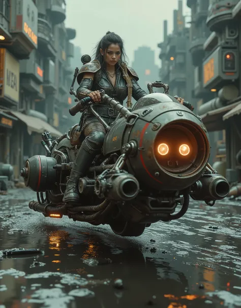 fotografía cinematográfica usando la regla de tercios y WITHposición en planos Foto lateral toma de cuerpo WITHpleto contrapicada, soft light, unmarked contrasts, A motorcycle (Speeder bike) retro futuristic flying ( bike) inspirada en motos con montura...