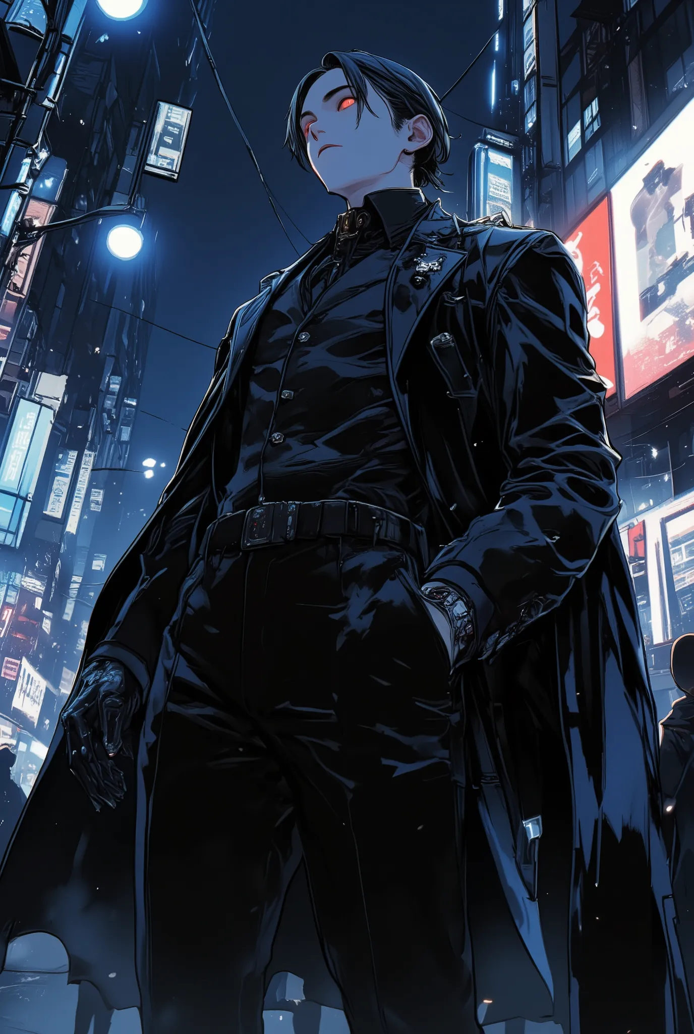 portrait of a regal modern-day vampire standing under a city streetlight at night, wearing a sharp black tailored suit with a long flowing coat, pale flawless skin, crimson glowing eyes, slick black hair, his expression is composed and dominant, slight fan...