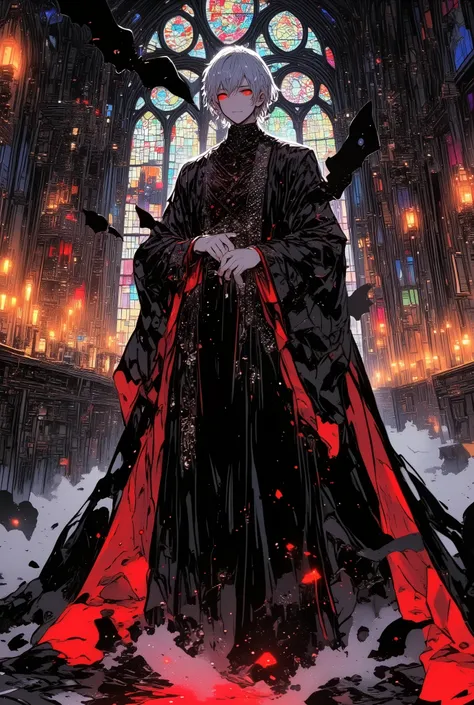 with dark silver hair、a mature and elegant male vampire, Distinct facial features, and visible fangs, wearing a dark velvet robe with a red border, leaning forward with a cold, bewitching smile, a mature and elegant male vampire, standing in a gothic hall ...