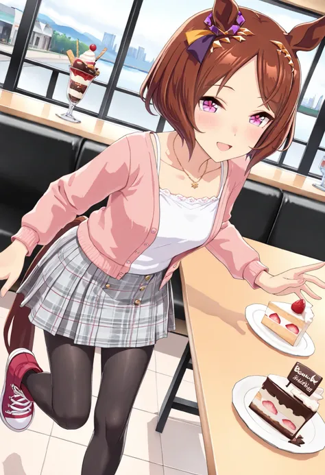 (masterpiece, best quality, perfect face:1.4), wide angle, sakura laurel \(umamusume\), 1girl, flower-shaped pupils, hair ornament, horse ears, ear ornament, horse tail, tail on the lower back, proportional body, proportional, beautiful hair, beautiful fac...